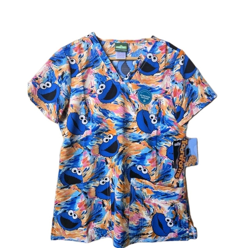 Cookie Monster Cherokee Scrubs Size XS Tooniforms Sesame Street V-Neck Top NEW